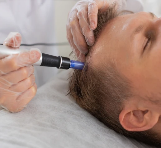 Traitement chute de cheveux par microneedling : un praticien professionnel utilise un appareil de précision sur le cuir chevelu pour stimuler la repousse et renforcer la densité capillaire.
